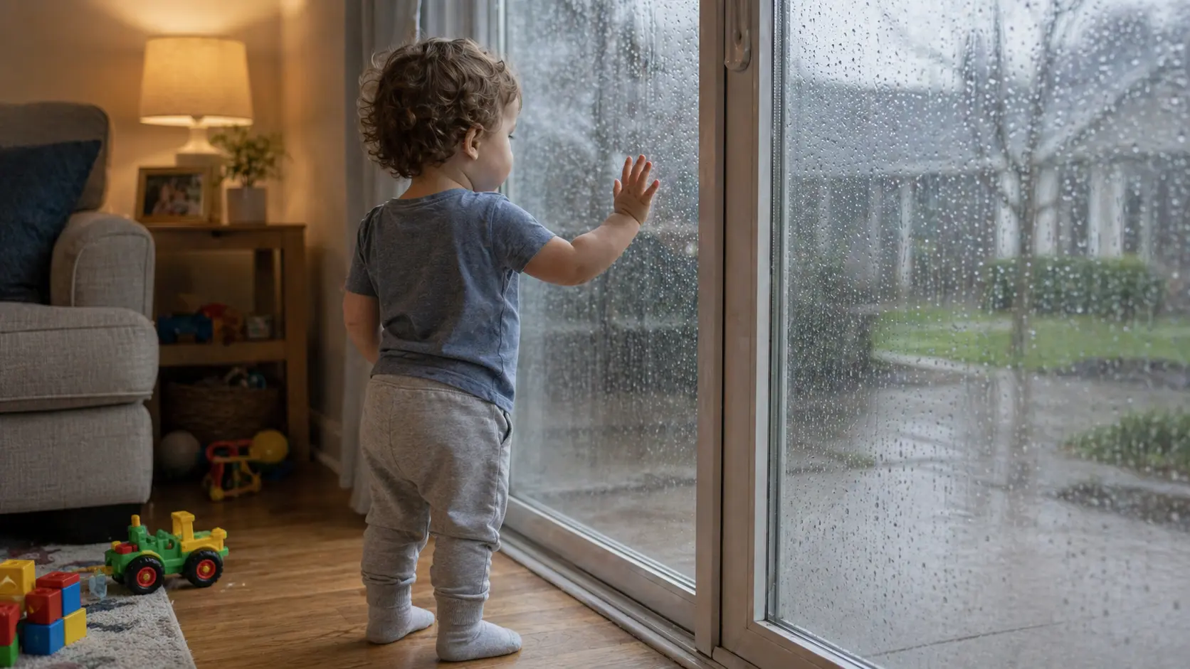 Toddler looking out the window at rain with hand pressed against the glass