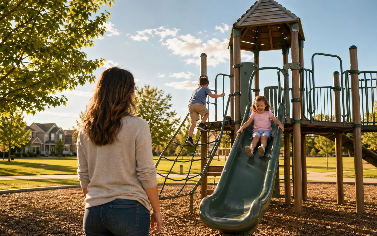 Kids playing at a local playground during a same-day family outing