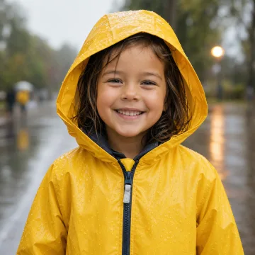 Child in a yellow raincoat on a rainy day