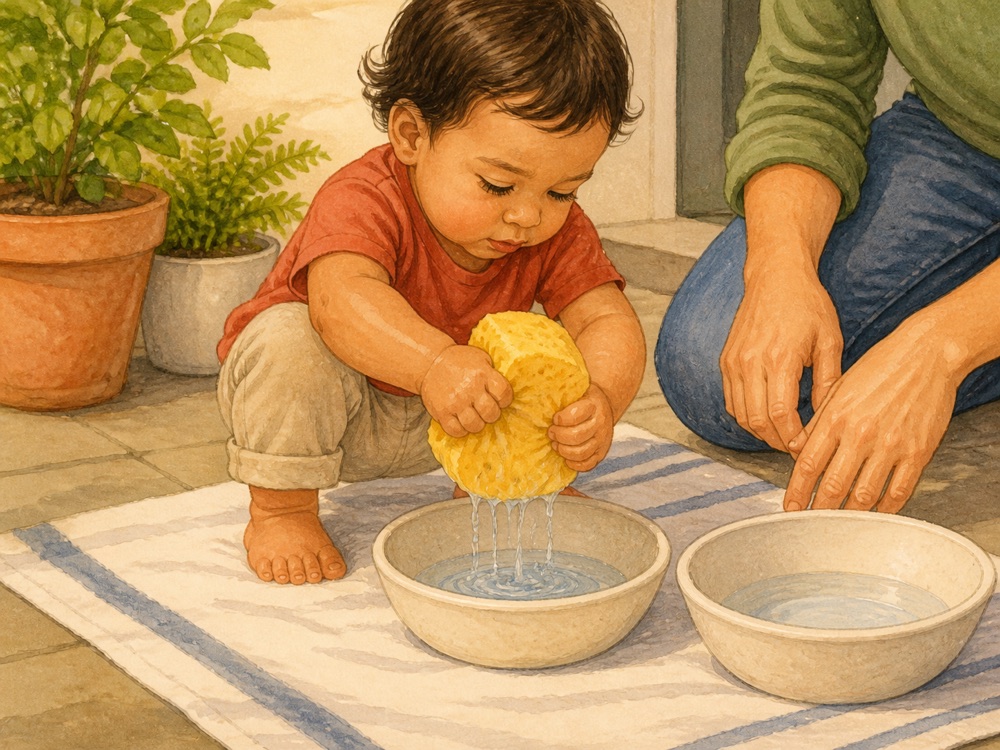 Toddler hands squeezing a large yellow sponge over a shallow water tub