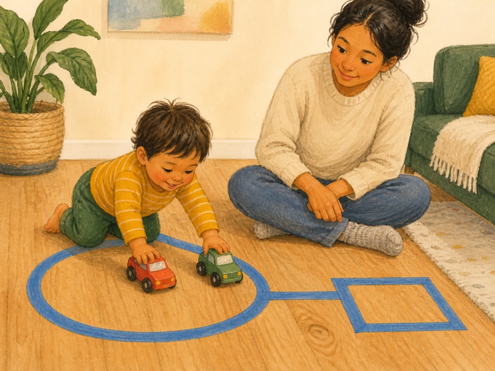 Toddler moving chunky cars along a blue painter's-tape road on the floor