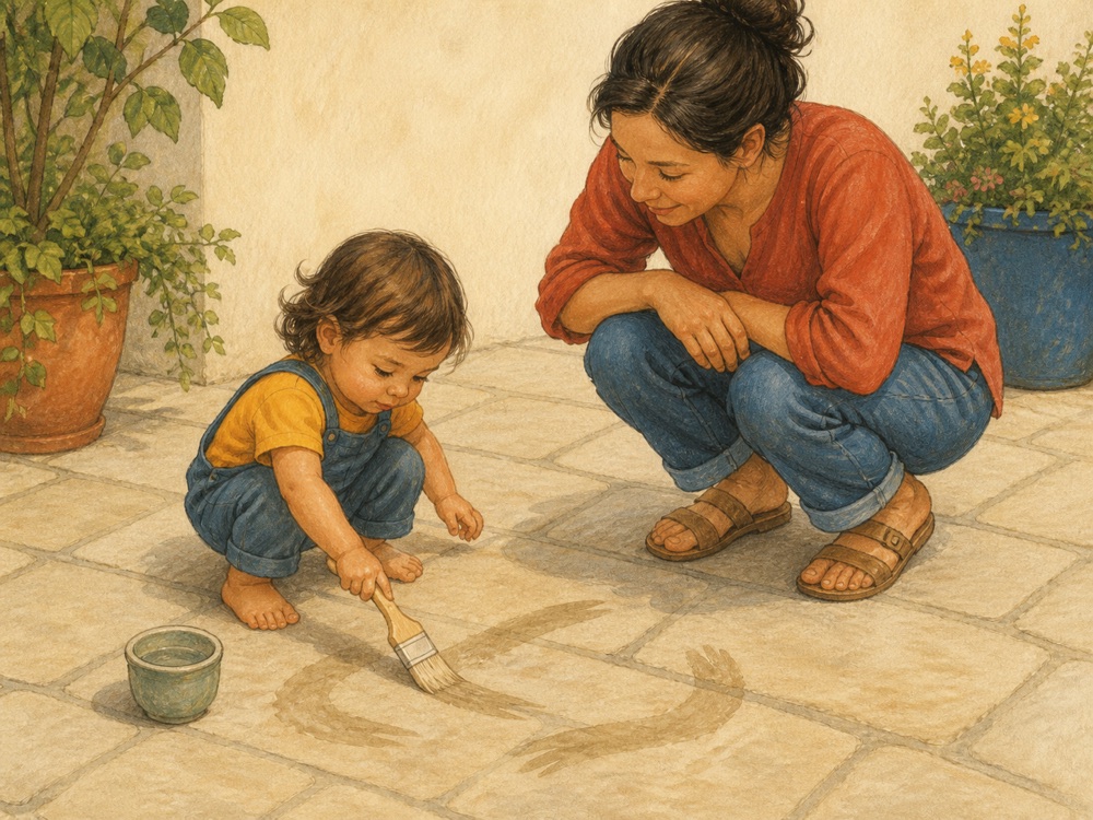 Toddler painting broad water marks on a shaded patio beside a parent