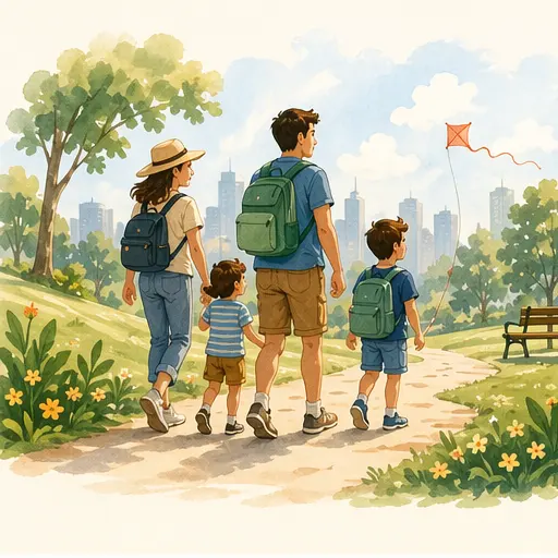 Family walking through a park with backpacks